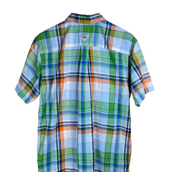 Columbia PFG Linen Blue Green Orange Plaid Button Up Short Sleeve Fishing Shirt - Picture 4 of 7